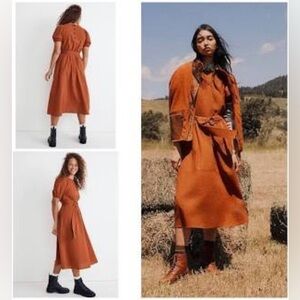 Madewell clay brown puffed sleeve Seersucker belted midi dress